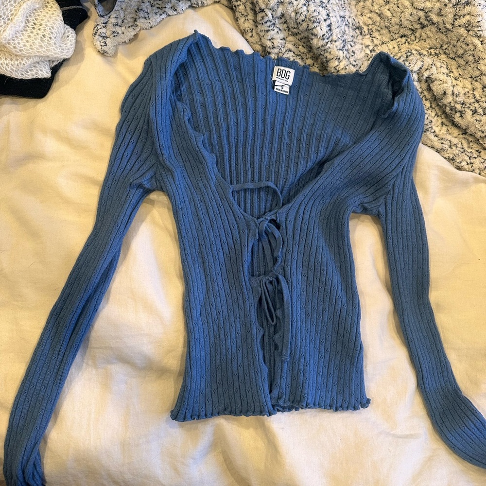 BDG Blue Ribbed Tie-Front Cardigan